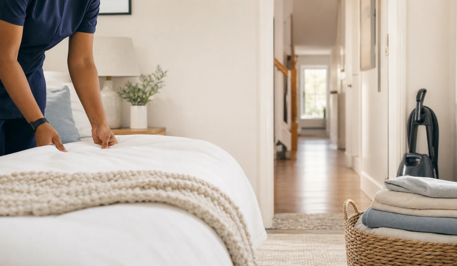 Professional housekeeper making a bed in a bright, well-kept home.