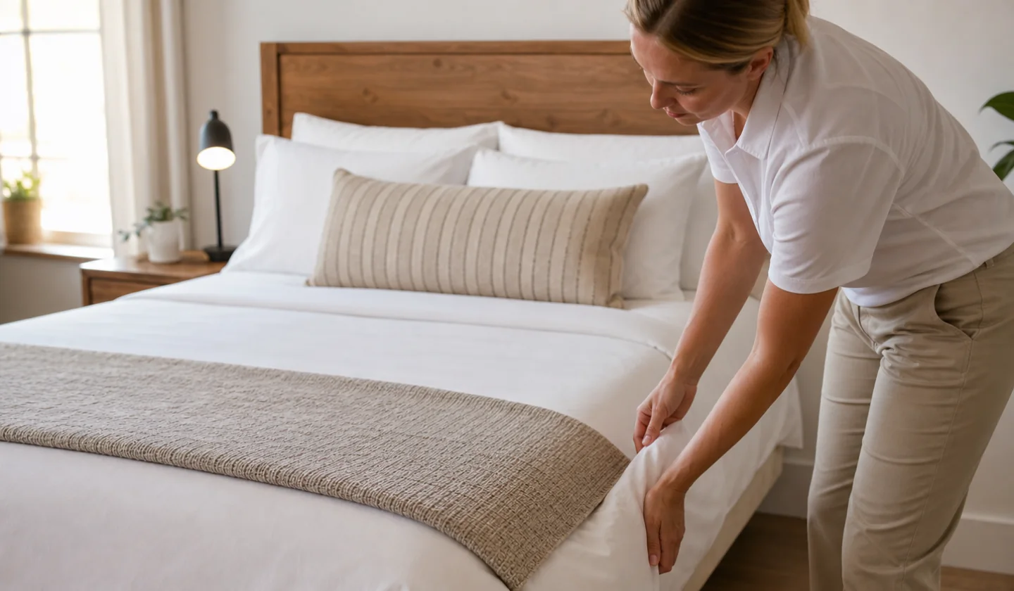 Rental Turnover Cleaning service photo. Professional housekeeper resetting the bed and linens in a bright furnished rental.