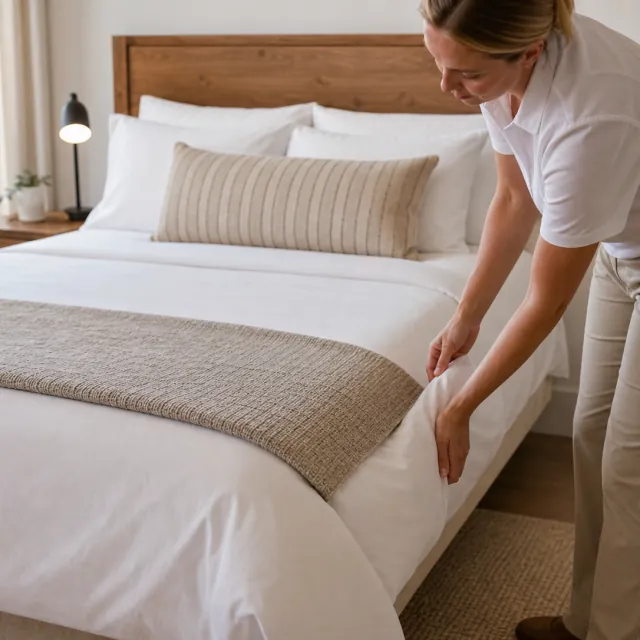 Rental Turnover Cleaning service photo. Professional housekeeper resetting the bed and linens in a bright furnished rental.