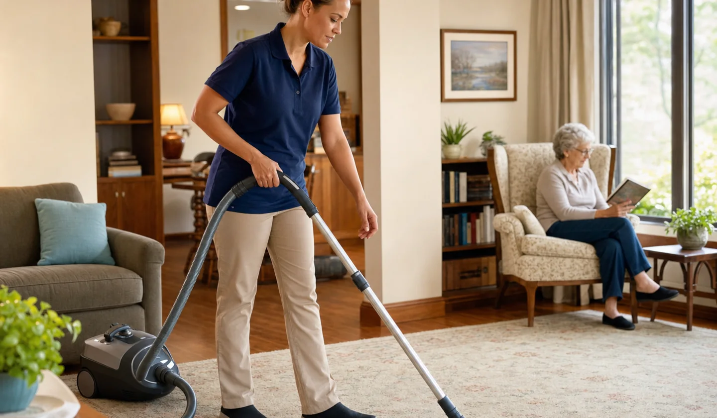 Maid Service service area photo for Temple, TX. Professional cleaner vacuuming an accessible living room while an older homeowner is comfortably present.