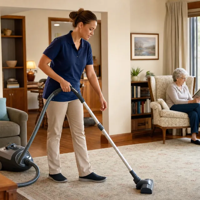 Senior Home Cleaning service photo. Professional cleaner vacuuming an accessible living room while an older homeowner is comfortably present.